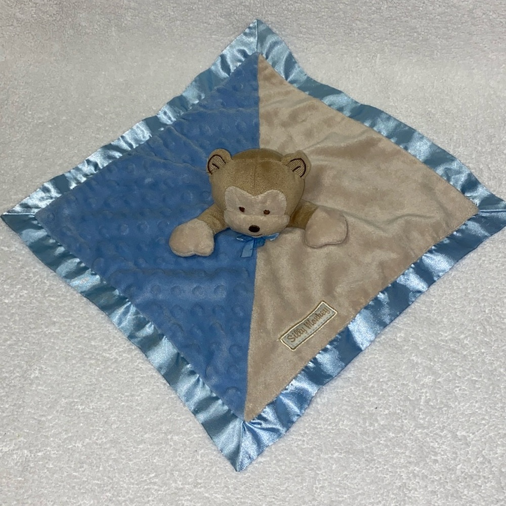 Baby Gear Blue Tan Lovey Plush Silly Monkey Minky Dot Satin